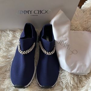 Jimmy Choo Navy Knit Trainers with Crystal Detailing comes with box and dust bag